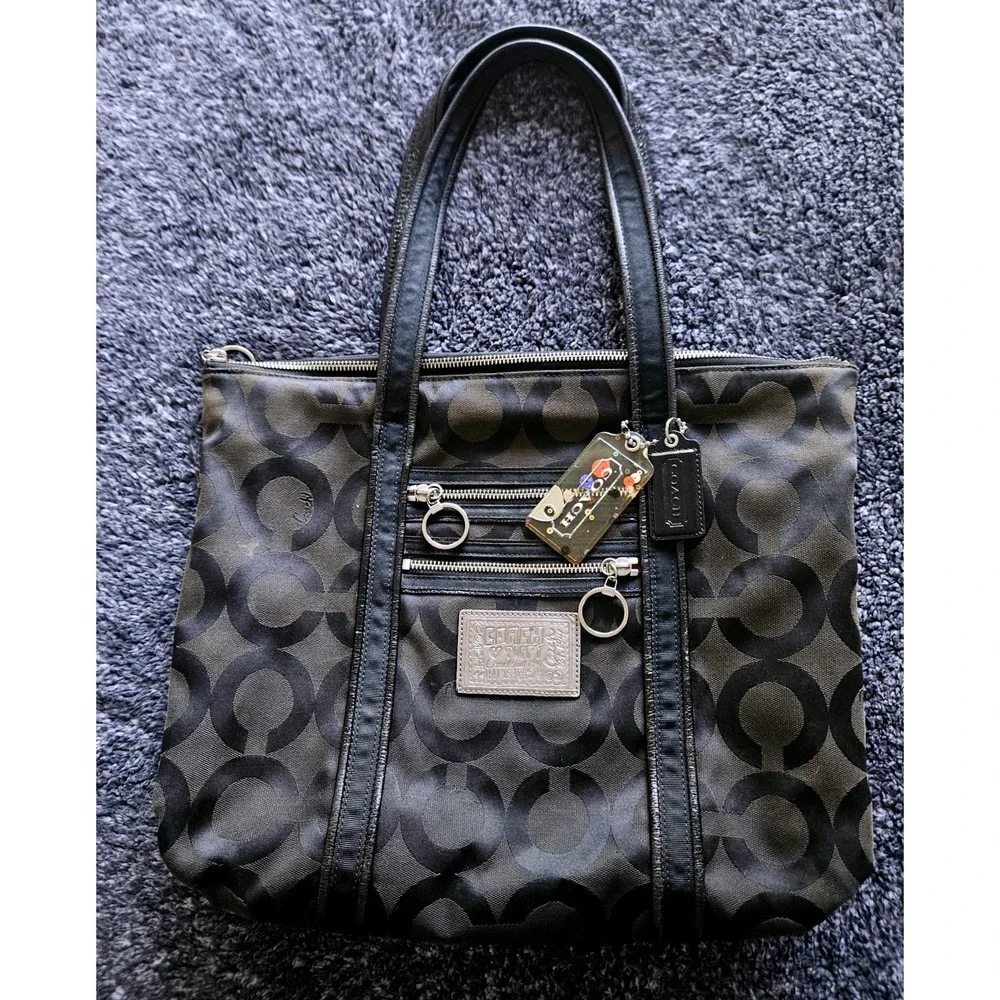 Coach Poppy‎ Signature Sateen Spotlight Tote Womens Large Black Grey Logo Y2K